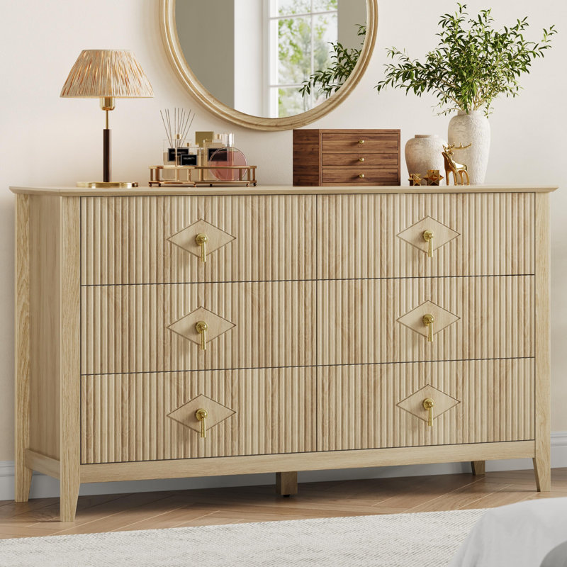 54" Extra Wide Modern Fluted 6-Drawer Wood Dresser with Metal Handles Storage Cabinet for Bedroom Living Room Hallway Entryway Easy Assembly - Wood