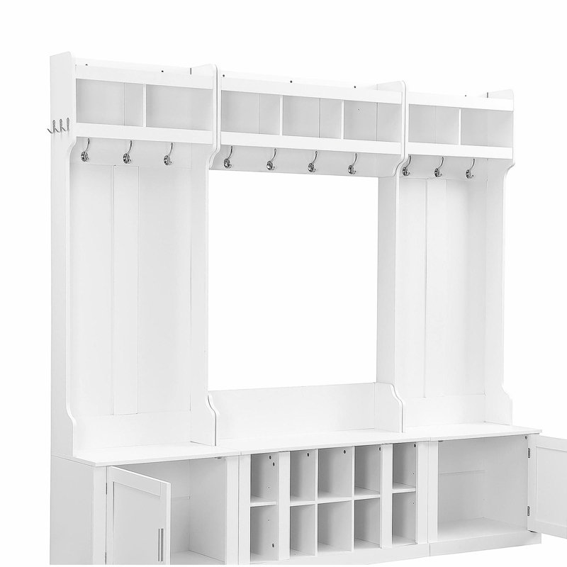 Arbre d'entrée large avec rangement et banc, banc d'entrée multifonctionnel 4-en-1 avec portemanteau et casiers à chaussures, mobilier pratique pour le couloir, blanc