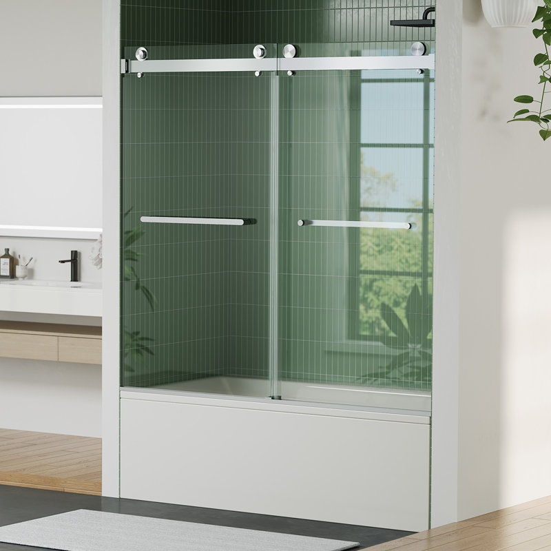 Frameless Glass Shower Door, 56"-60 "W x 76" H Sliding Shower Door, 5/16" (8mm) Tempered Glass Panels, Modern Bathroom Shower Screen with Stainless Steel Handle, Matte Black