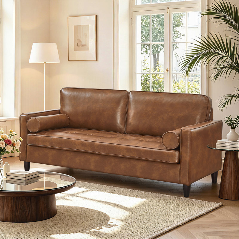 Canapé en cuir de conception classique, similicuir respirant avec coussin de siège capitonné et pieds en bois massif pour le salon