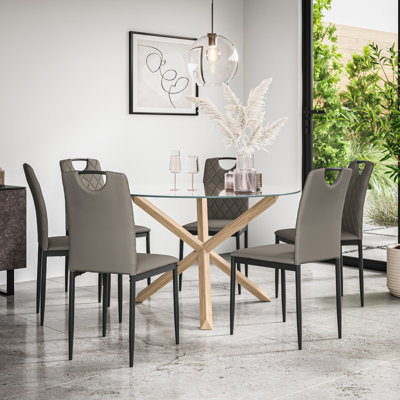 Daraich 120cm Round Clear Glass Dining Table Set with 6 Monza Faux Leather Chairs