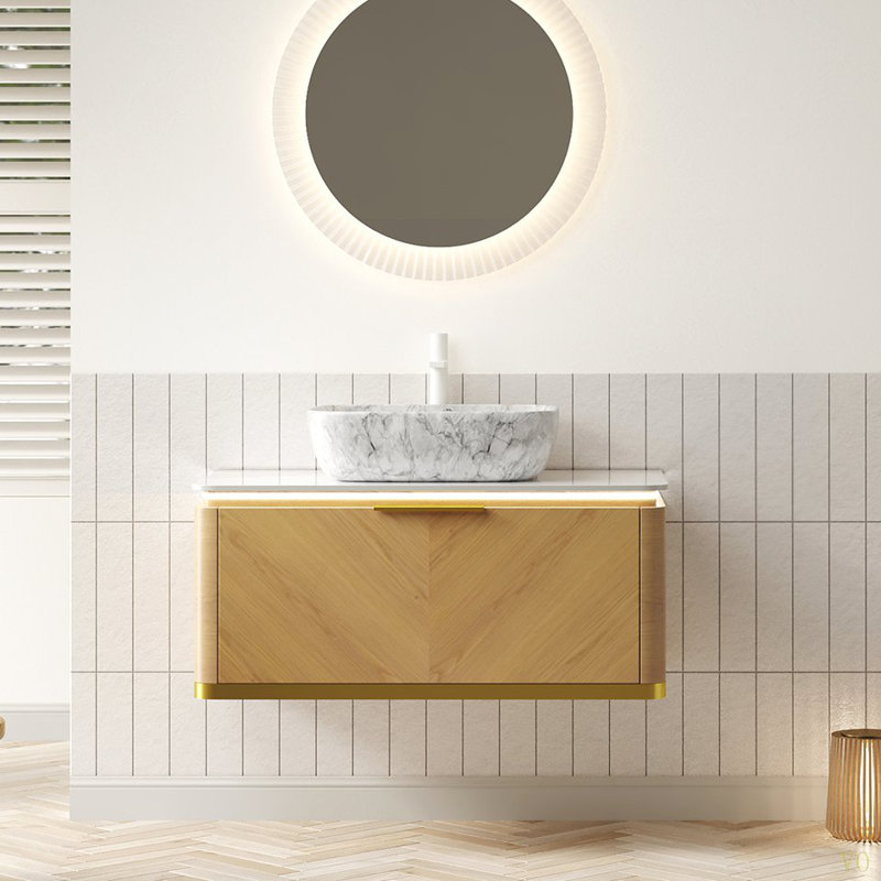 Meuble-lavabo 36 po, meuble de rangement flottant en contreplaqué, tiroir en sergé avec poignée et capteur de lumière, vasque en céramique à motif marbré et plateau en pierre Sinte, pré-assemblé