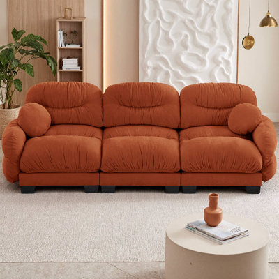 Modern 3-Seater Pleated Chenille Sofa, Curved Round Armrests, Ergonomic High-Density Foam Seat, Includes 2 Round Throw Pillows, Modular Design for Living Room, Apartment