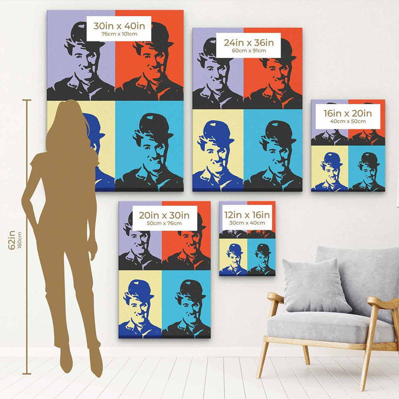 Pop Art multicolore Gittner, Charlie Chaplin - impression, H 16 po x l 12 po, Cadre noir