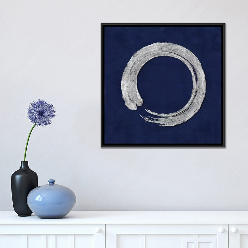 «Silver Zen Circle On Blue I», impression sur toile, H 18 po x l 18 po x P 1,5 po, Toile avec cadre noir, Pas de tapis