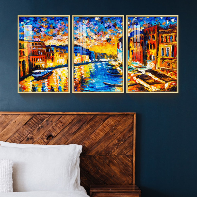 "Landscape Artwork", ensemble de 3 reproductions de photos sur toiles, H 16,5 po x l 36,5 po x P 1,3 po, Or
