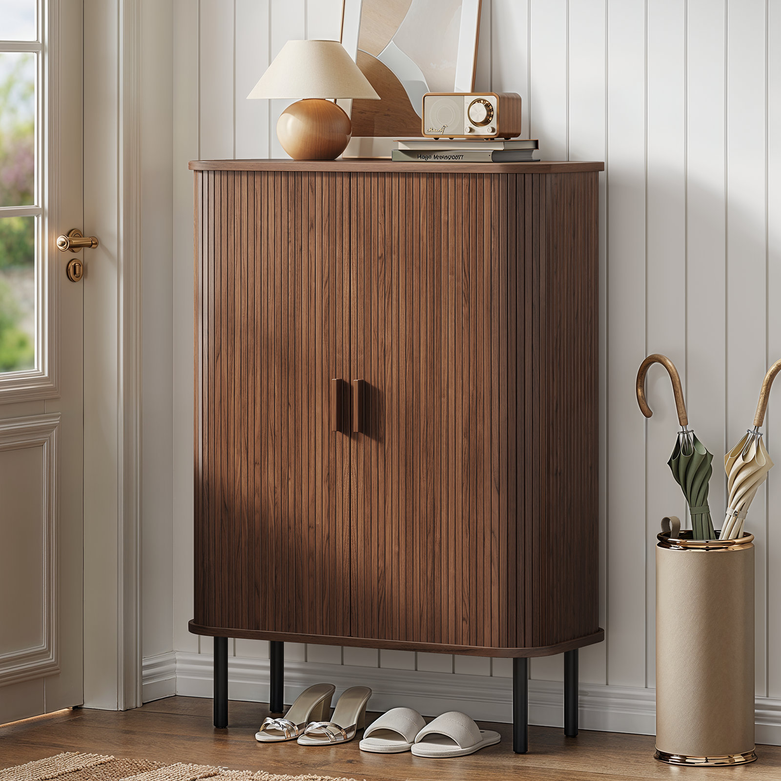 6-Tier Shoe Cabinet With Sliding Door & Adjustable Shelves For Entryway, Hallway, Living Room - Walnut
