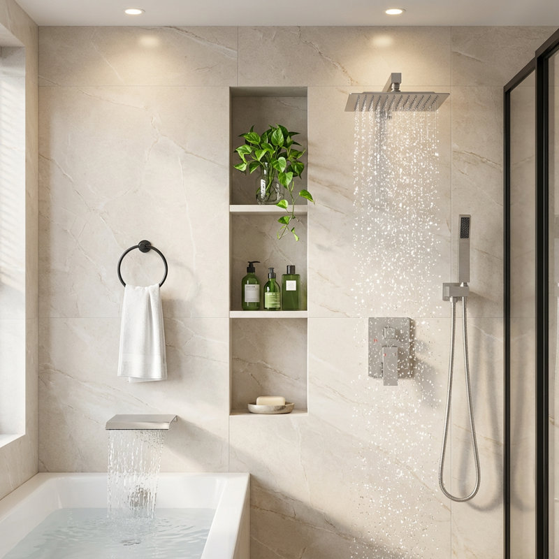 Complete 10" Rain Shower System With Waterfall Tub Spout - Brushed Nickel Wall Mounted Shower Faucet Set With Handheld Spray And Rough-In Valve