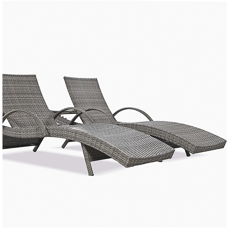 80'' Outdoor Wicker Chaise Lounge Chairs Set of 2, Patio Rattan Reclining Chair Pull-out Side Table Adjustable Backrest Ergonomic Wave Design Pool Sunbathing Recliners, Grey