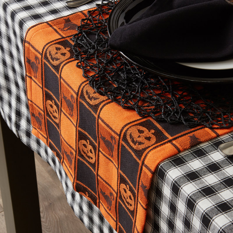 Halloween Orange and Black Cotton Check Table Runner, 72"