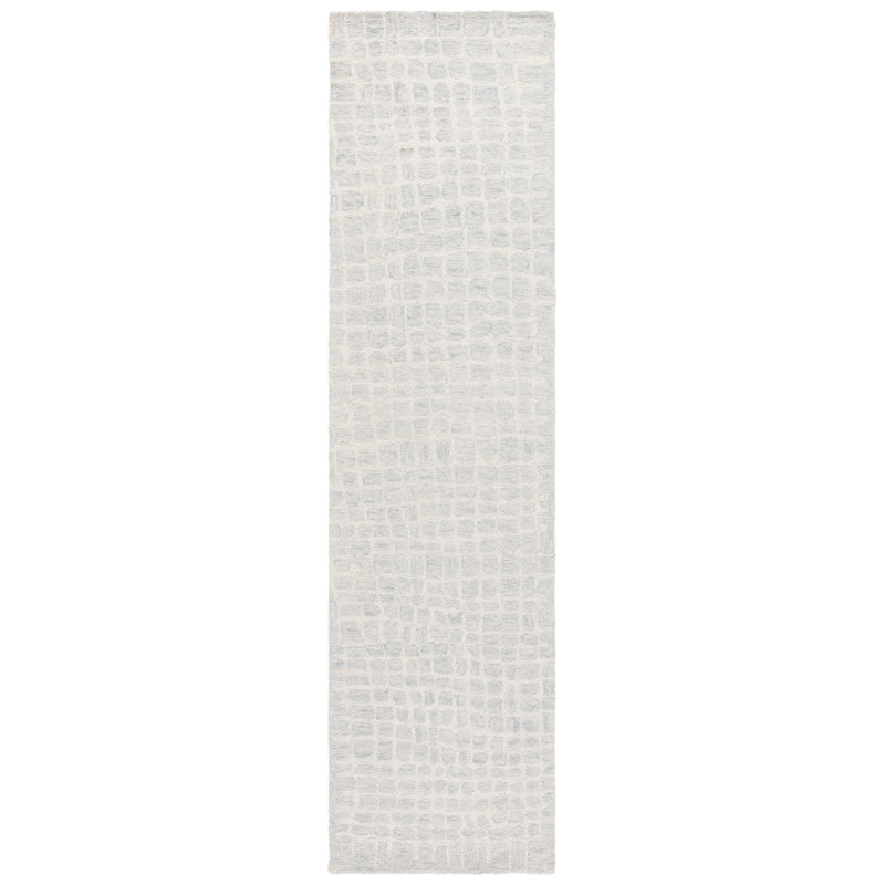 Tapis ivoire / bleu clair en laine et coton touffeté à la main Lais, Tapis de couloir 2 pi 3 po x 9 pi
