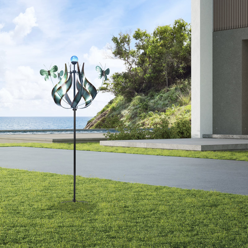 Uchis Solar Tulip and Butterfly Kinetic Windmill Sculpture with LED Light