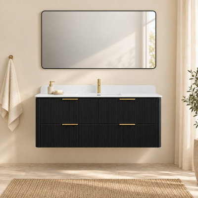 Ensemble de vanité suspendue noire de 122 cm avec lavabo intégré et miroir de salle de bain de 122 x 81 cm