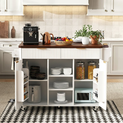 52 inch Rolling Kitchen Island with Drop Leaf and Built-in Power Outlet, Modern Farmhouse Kitchen Cart with Fluted Doors, White and Walnut