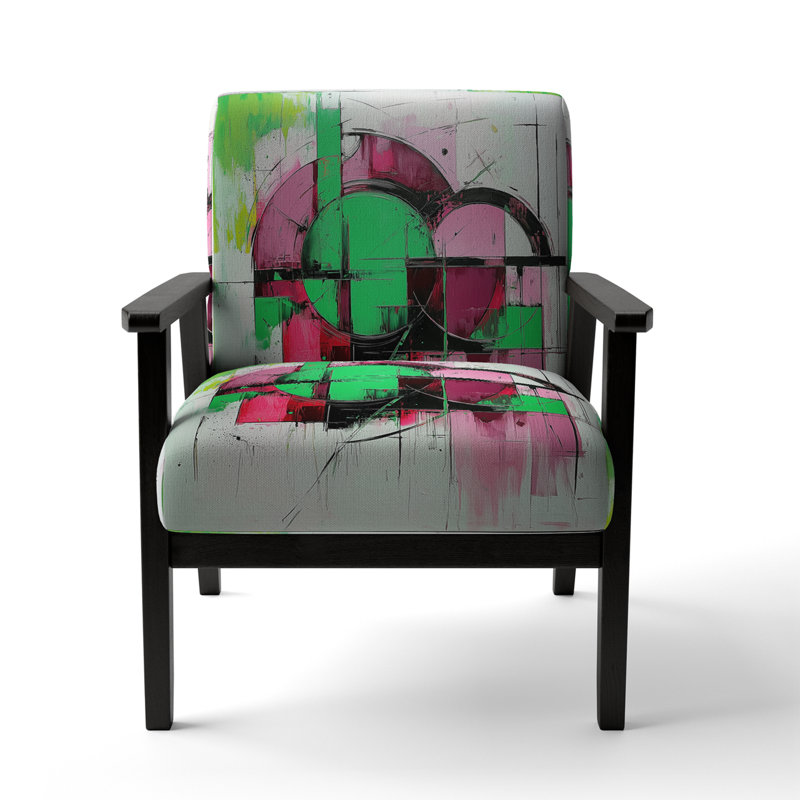 Mid-Century Accent Chair, Colorful Abstract Upholstered Armchair - Colorful Mid Century Abstract Fusion I, Black Square Arms