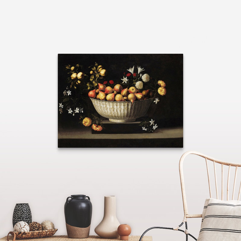 «Flowers and Fruit In a China Bowl», reproduction sur toile, Toile tendue, H 30 po x l 40 po x P 1,25 po