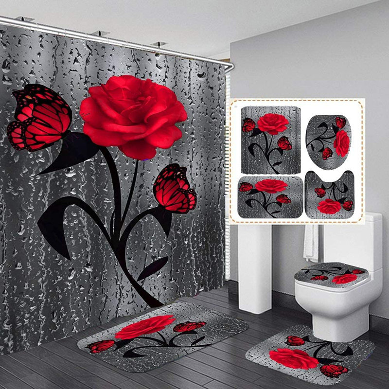 Ensemble de rideau de douche 4 pièces + crochets, Rouge