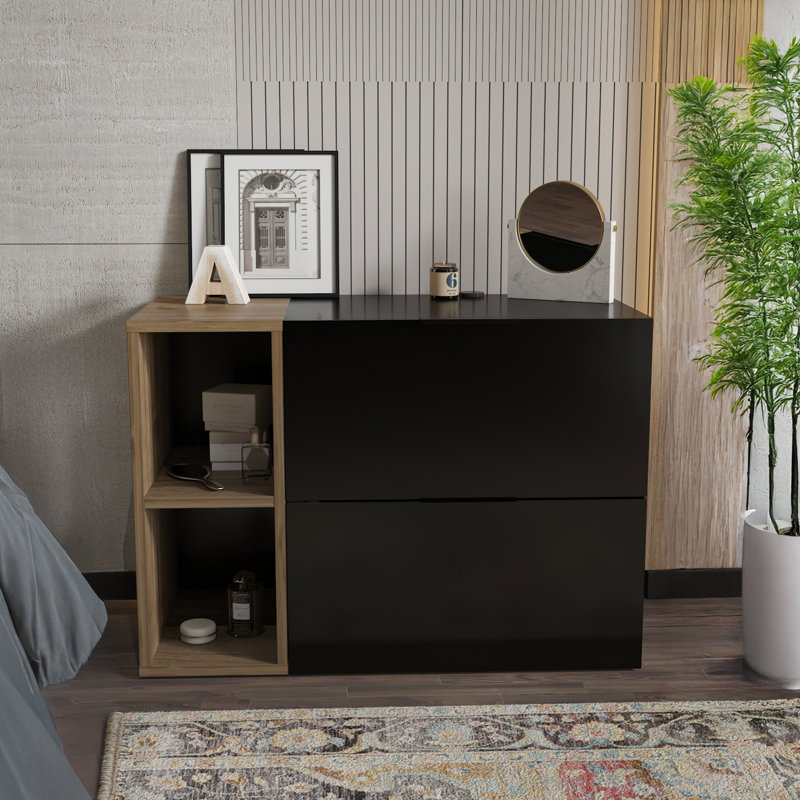 Commode 2 tiroirs Orpheus, Noir/noyer