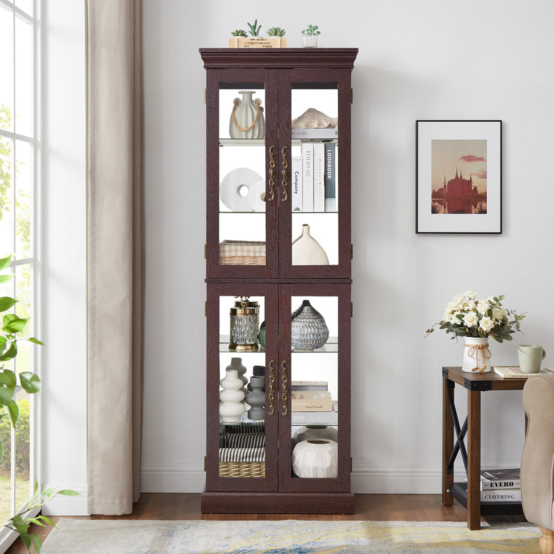 Lighted Glass Curio Display Cabinet,Display Cabinet,Glass Storage Cabinet Glass Wine Cabinet Wood Frame Toy Display For Living Room, Kitchen, Pantry Light Bulb Included Dark