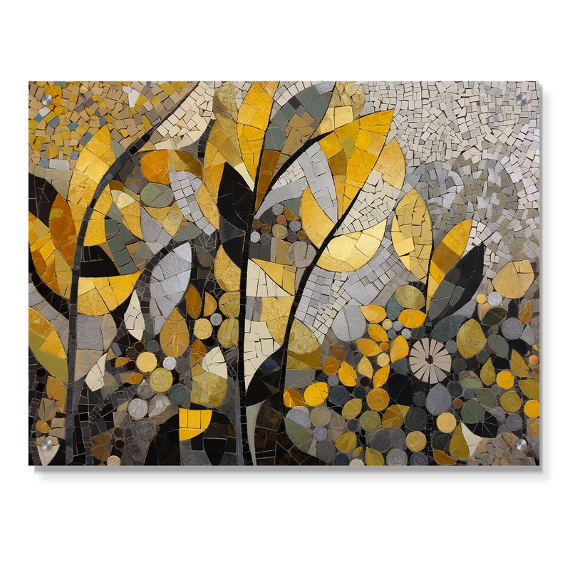 Motifs jaunes et gris en fusion artistique - art mural mosaïque acrylique bohème, H 12 po x l 20 po