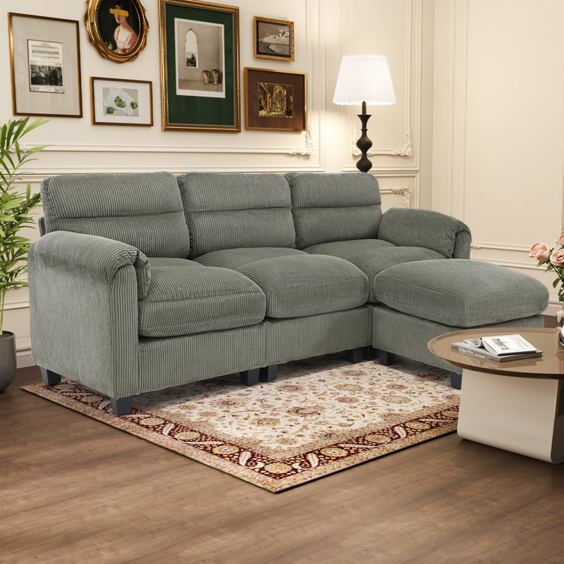 Efaz 4-Piece Corduroy Upholstered Modular Sectional,  Ottoman and Pillowtop Arm, Green Corduroy
