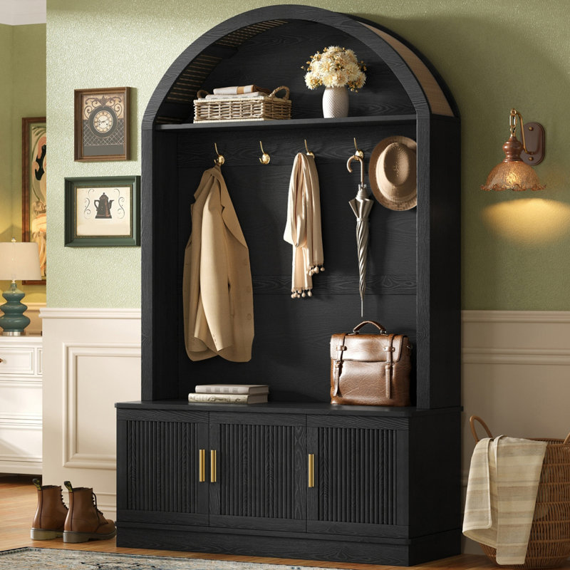 Hall Tree 46'' Wide With Bench And Shoe Storage, Black