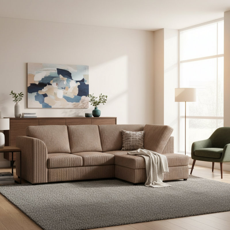 Jumbo Cord Hand Facing Corner Sofa With Footstool, Beige, Right Hand Facing