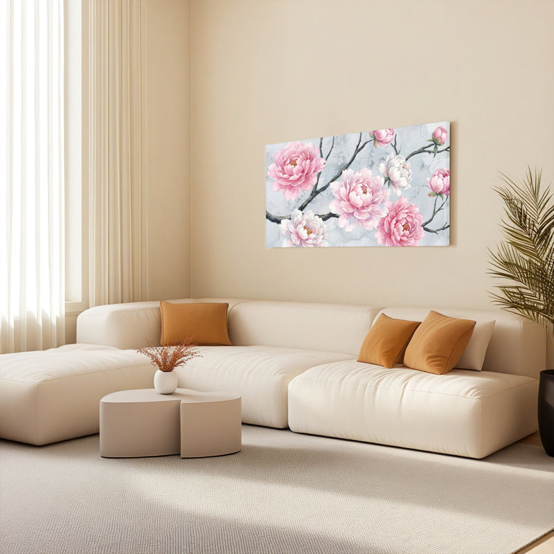 Pivoine rose, reproduction d'art sur toile tendue sur toile pour le décor de chambre à coucher, H 16 po x l 32 po