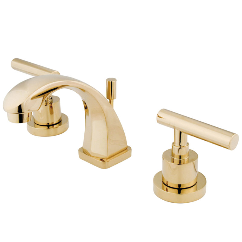 Kingston Brass Manhattan Two-Handle 3-Hole Deck Mount Widespread Bathroom Faucet with Brass Pop-Up Drain, Polished Brass