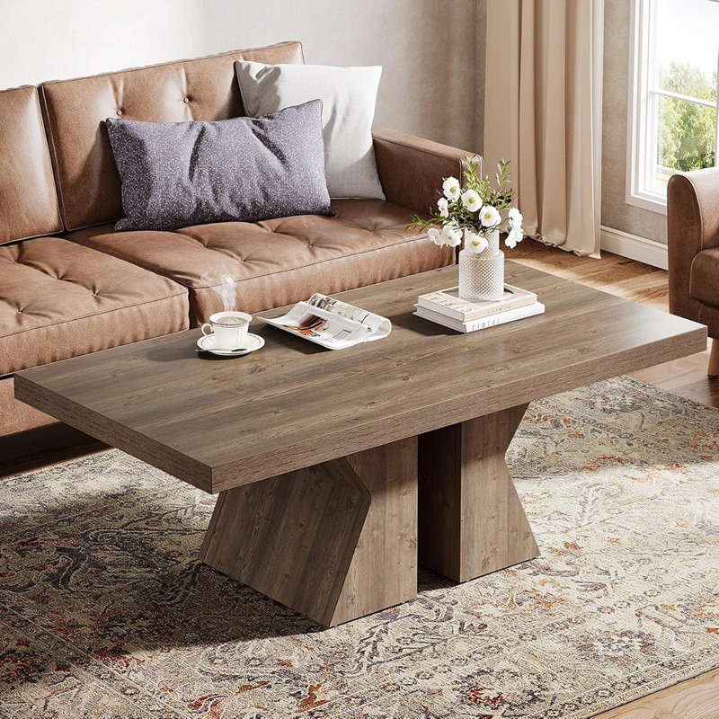 Table basse en bois, table de centre rectangulaire de 47 pouces avec base en bois épais, table basse de style campagnard d'apparence bois pour le salon (brun)