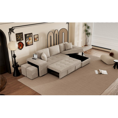 104.5" Modern L-Shape 3 Seat Reversible Sectional Couch, Pull Out Sleeper Sofa With Storage Chaise And 2 Stools For Living Room Furniture Set