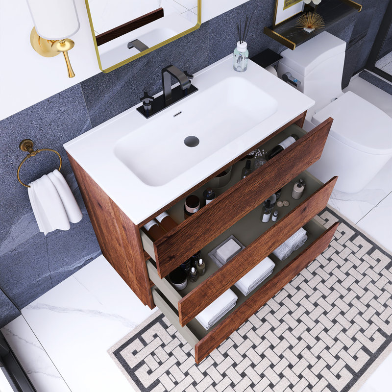 36 po W Meuble-lavabo simple avec lavabo et 3 trous de robinet, Noyer