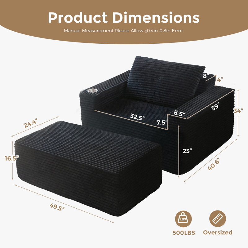 No Assembly Required Oversized 65"Chaise Lounge with Pillows,Upholstered Cloud Bean Bag Chair Indoor, Black Corduroy