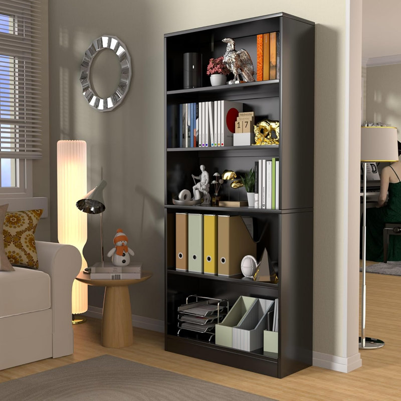 71" Tall Book Shelf, 5 Tier Large Bookshelf, Standing Wood Display Book Shelf For Living Room, Office, Library, Black