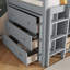 Lit mezzanine gris en bois d'hévéa avec armoire à tiroirs, étagère, bureau coulissant, barrière de sécurité et échelle-887024933