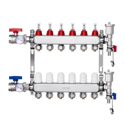 6-Branch Radiant Heat Manifold, 1/2" PEX Tubing Manifold, Stainless Steel PEX Manifold For Hydronic Radiant Floor Heating, Radiant Heat PEX Manifold Kit With 1/2" Adapters Included
