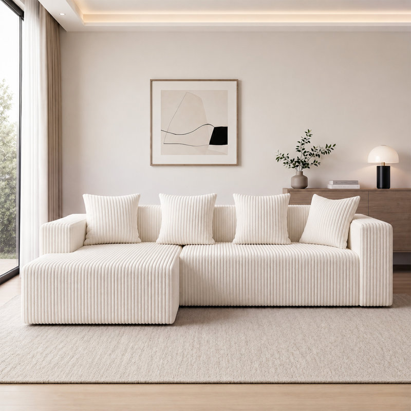 Modern Oversized 262cm Boneless Corner Sofa L-Shaped Corduroy Sofa With Storage Pockets, Beige, Left Hand Facing