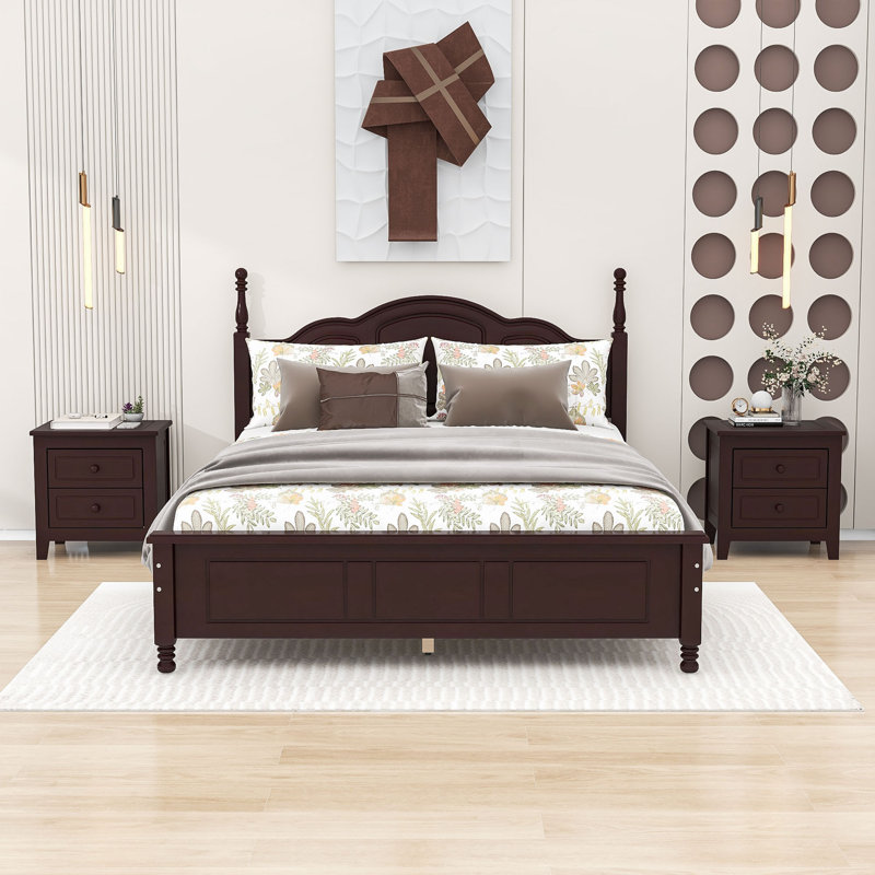 Ensemble de chambre à coucher 3 pièces, lit plateforme en bois et deux tables de chevet avec 2 tiroirs, Noyer foncé, Grand