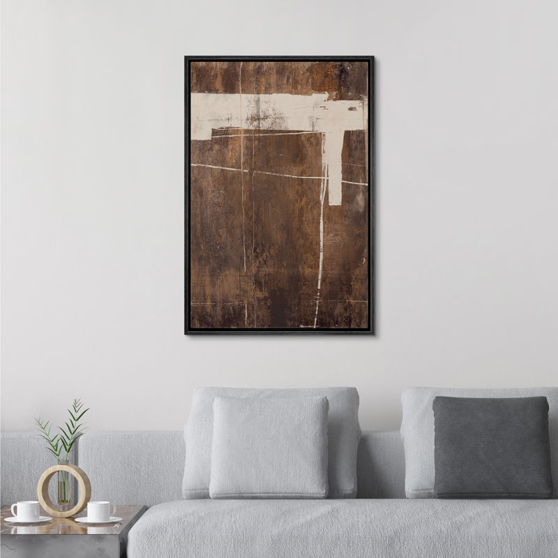 Style Mid-Century brun foncé, formes abstraites neutres, grand cadre rustique, décor minimaliste M24, H 24 po x l 16 po