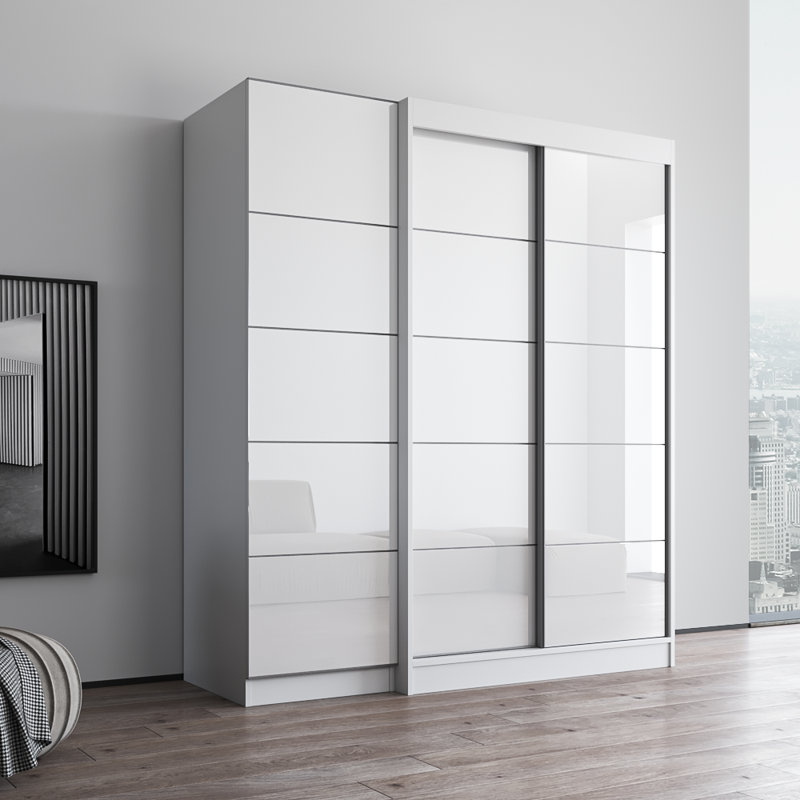 White Glass Front Contemporary Wardrobe Armoire