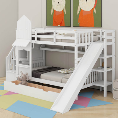 Twin-Over-Twin Castle Style Bunk Bed With 2 Drawers, 3 Shelves And Slide