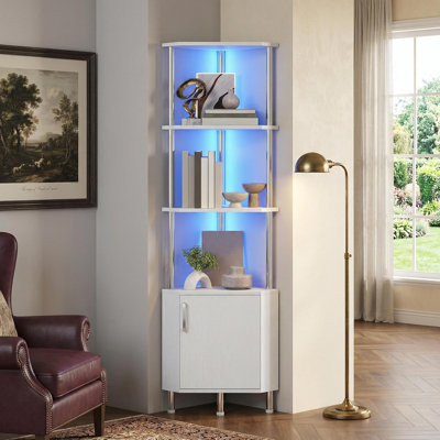 Bibliothèque de coin industrielle peu encombrante avec éclairage à DEL - Armoire de rangement à 5 niveaux de 59 po de hauteur - Support de coin polyvalent pour le salon, la cuisine ou le bureau - Blanc