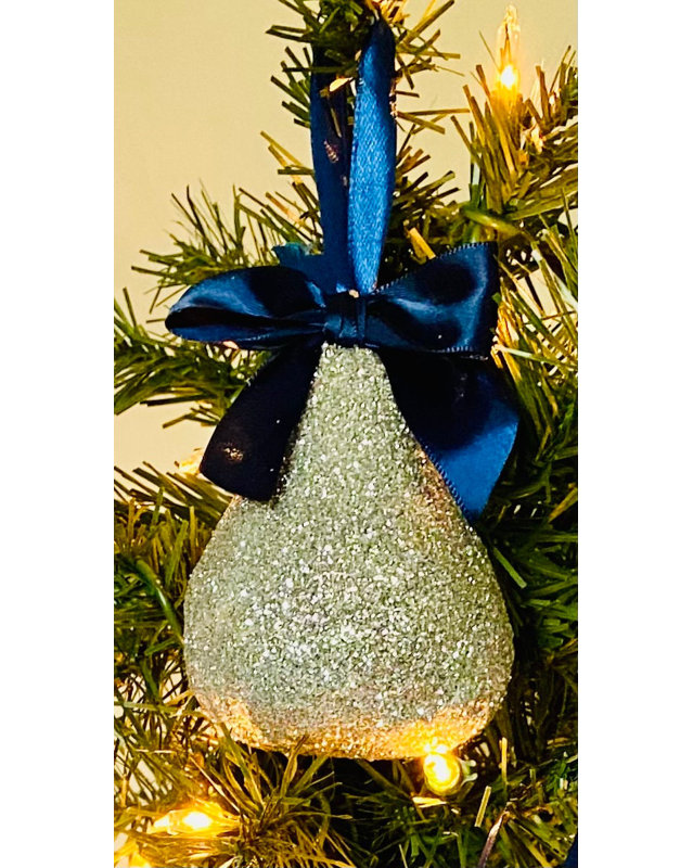Magnifique ornement de Noël poire scintillante avec nœud en satin bleu marine