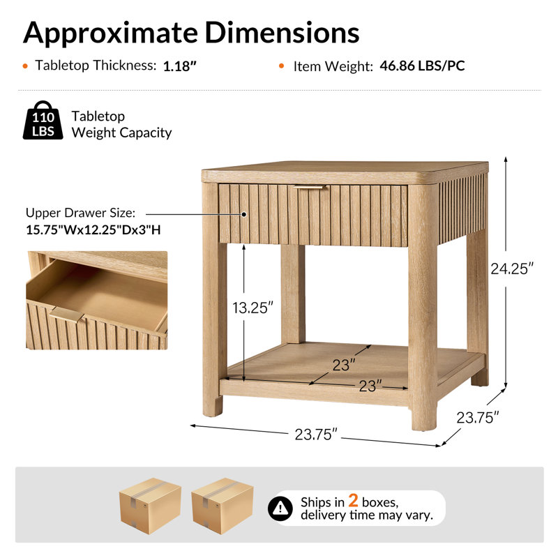 Table de bout avec rangement cannelé en bois massif l 23,75 po Fogarty, Naturel