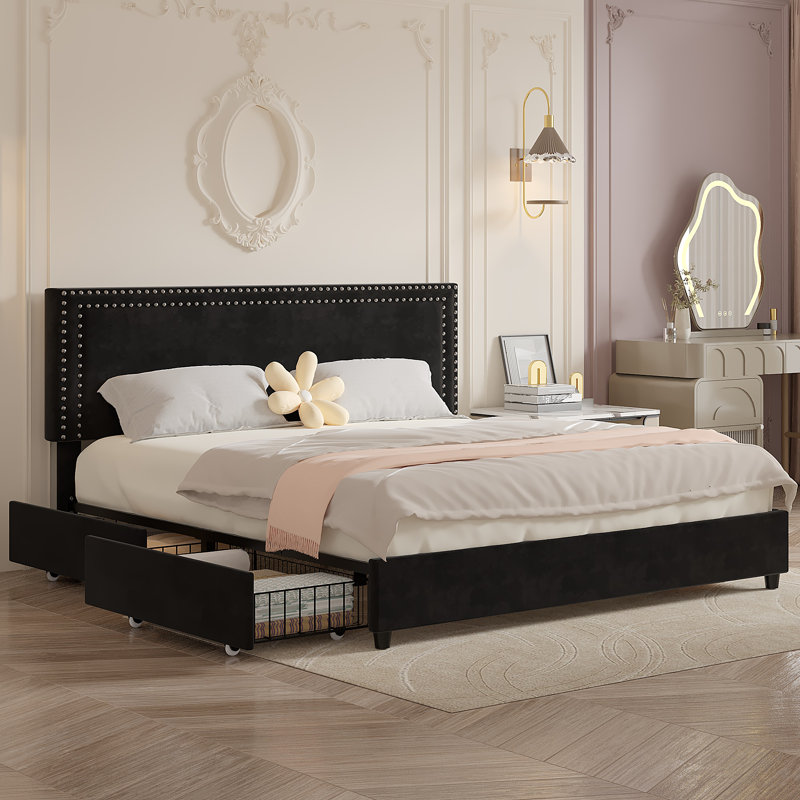 King Size Bed with Storage Drawers Upholstered Platform Bed Adjustable with Nailhead Trim Headboard Wooden Slats Support Bed Frame