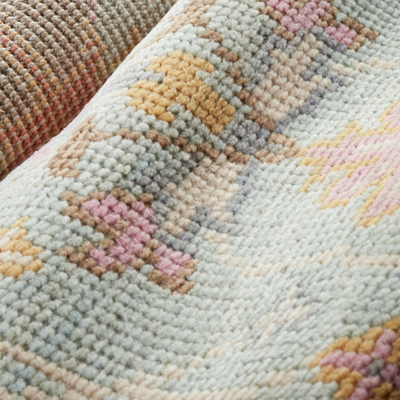 Mara Hand Knotted Wool Oriental Area Rug in Beige/Sky/Pink, Runner 2'6" x 8'