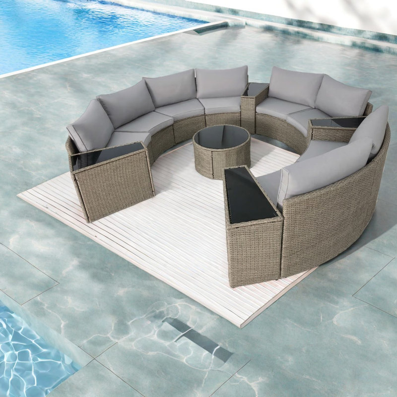 Canapés de patio en rotin durable en demi-lune, gris moderne pour recevoir