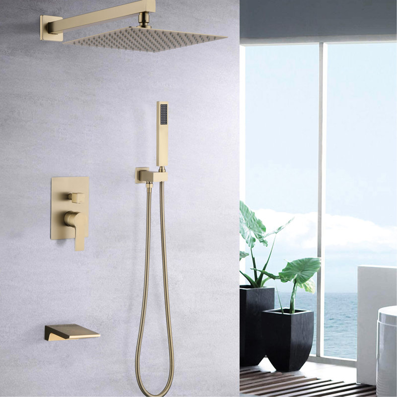 Douche de pluie murale 10 pouces, disque en céramique, pomme de douche équilibrée, or brossé, fixation, accessoire, Doré