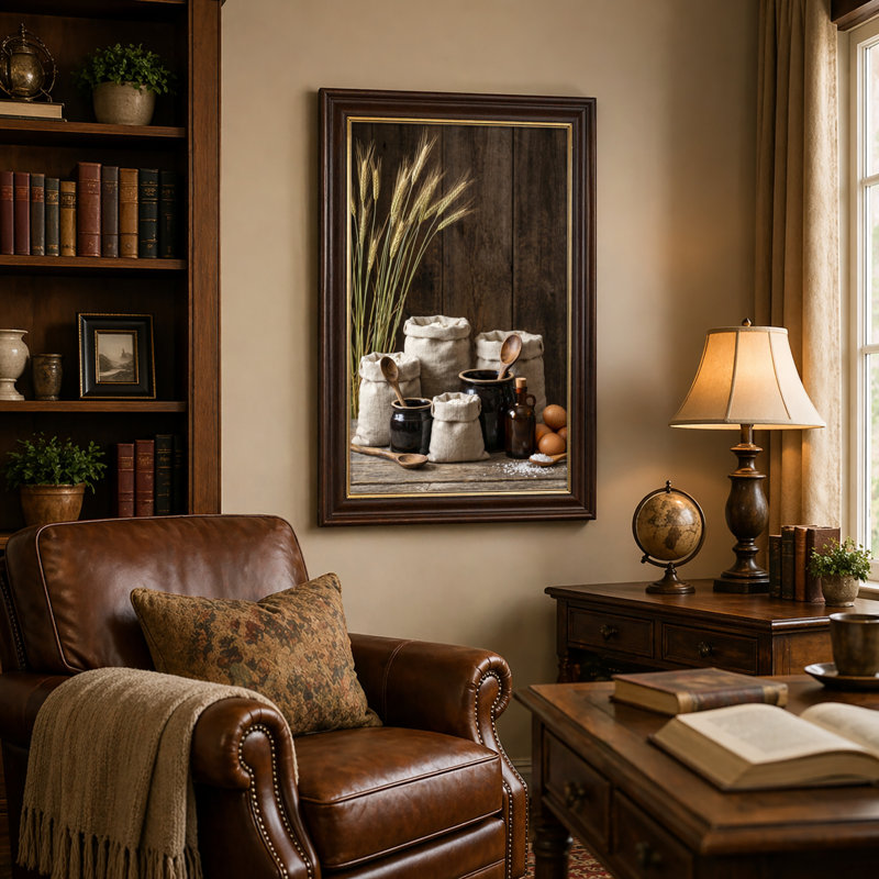 Art mural antique sur toile encadré doré pour le salon, la chambre à coucher, le bureau ou le vestibule - Décoration murale décorative avec cuisine rustique