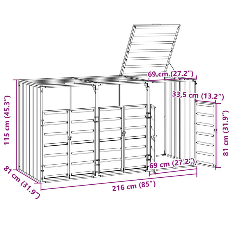 Vidaxl Wheelie Bin Storage For Triple Bins Gray 85"X31.9"X45.3" Steel, Gray